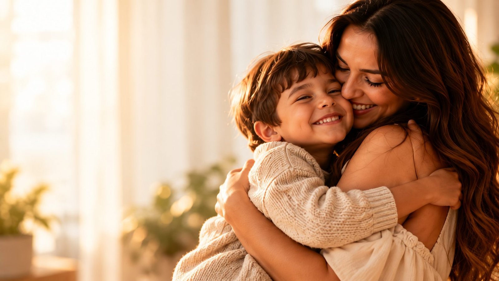 Mãe abraçando o filho, os dois sorrindo